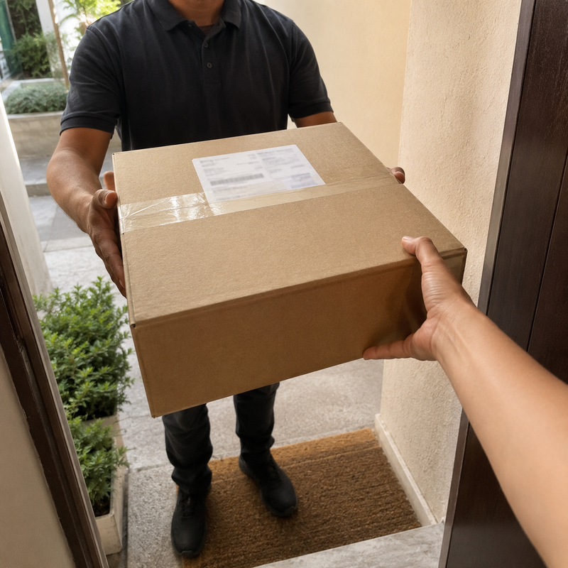 Caja compacta de MUNA llegando en manos del repartidor FedEx